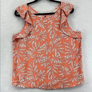 LOFT Women’s Top Blouse Tank Top Sz L Peach/Black/White Rayon Ruffled EUC